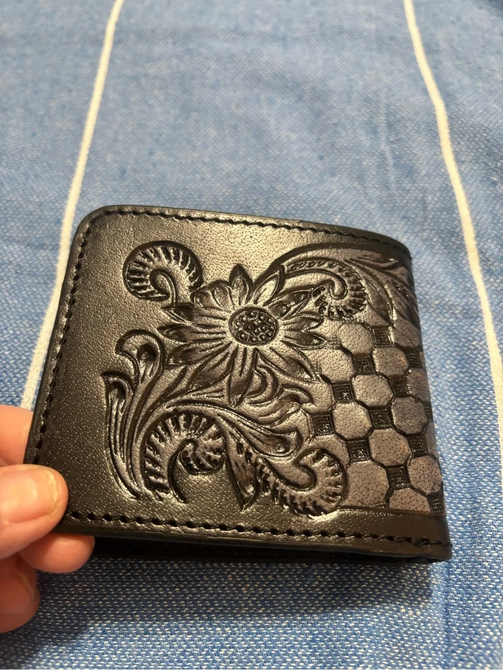 Embossed Black Leather Money Clip Wallet for Men